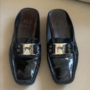 Stuart Weitzman Shiny Black patent Loafers with Silver dog Accent